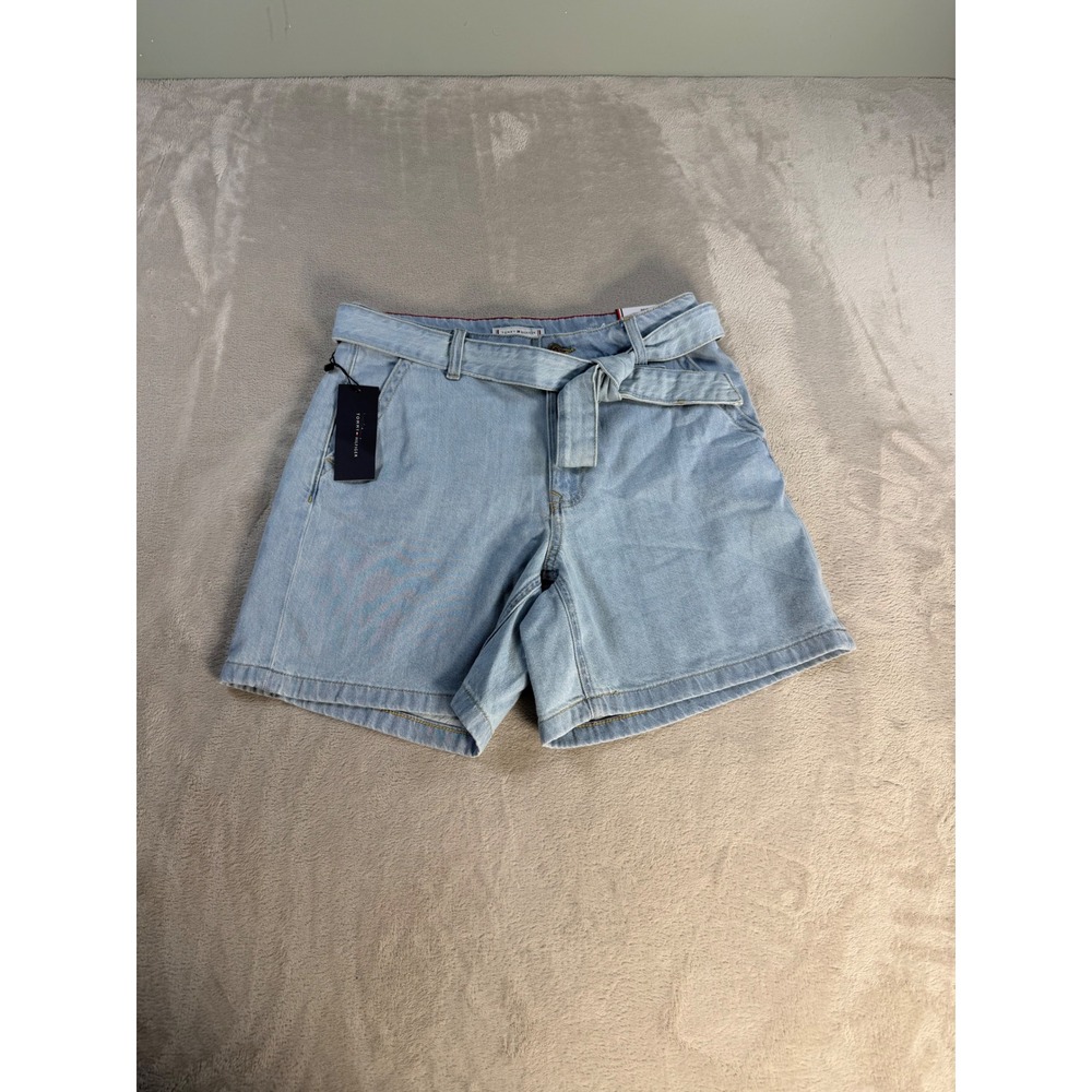 Tommy Hilfiger Tie Waist Denim Shorts Womens 4 Light Wash Cotton Rigid New